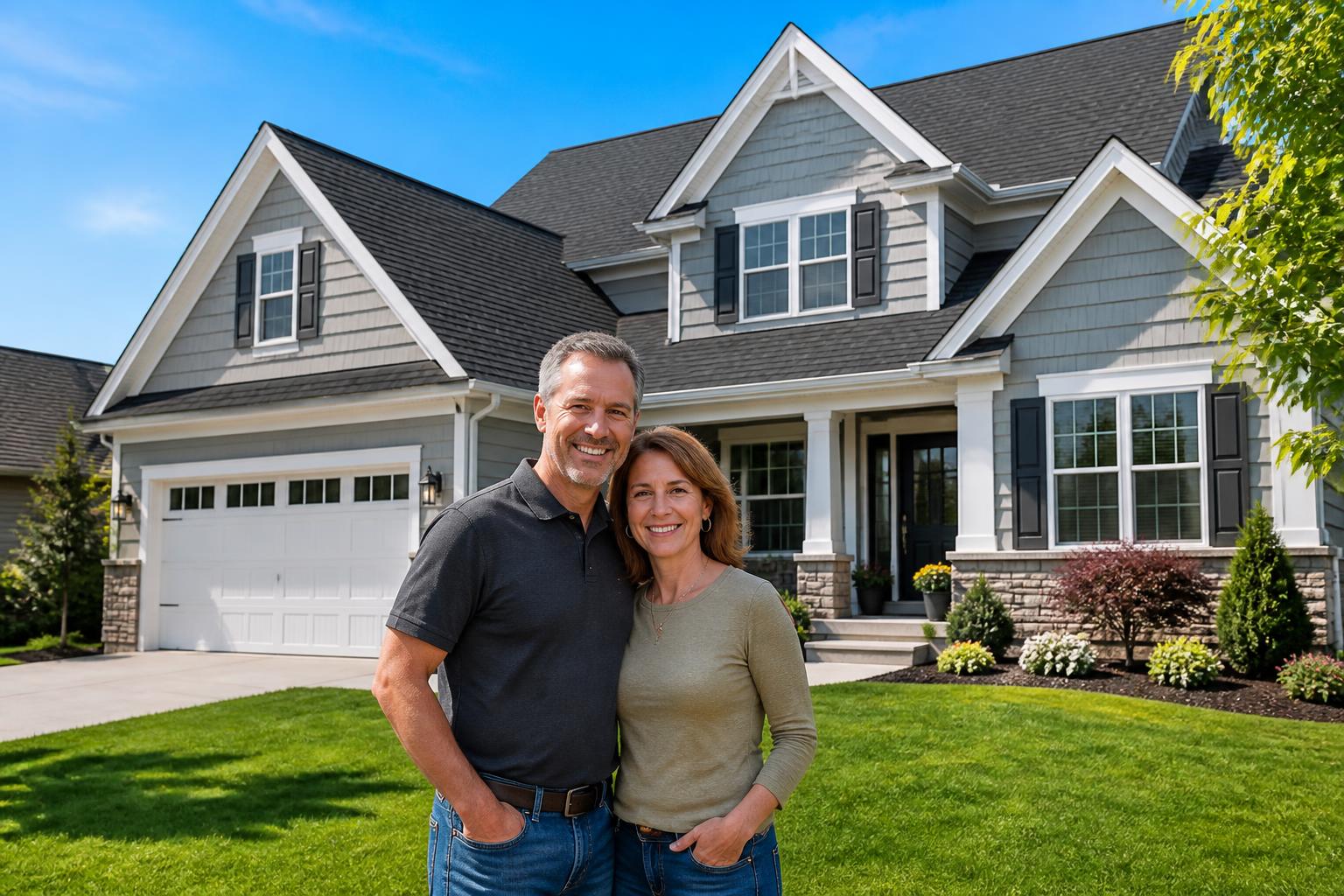 Happy homeowners standing in front of a new residential roof installation